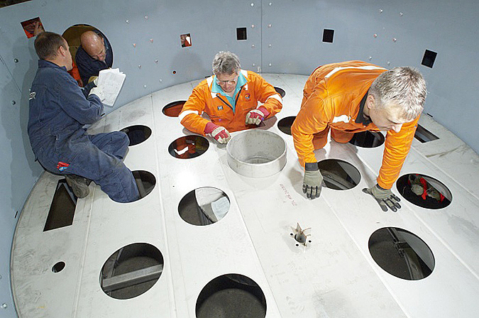 Industrial Photography, Steel fabrication of Oil Separator, component parts of platform all fit through access hatch, Maidenhead, UK, for Alwyn Gas field, Castrol