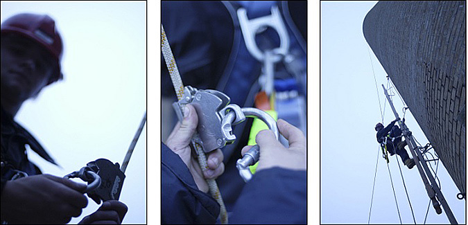 Industrial Photography, Steeplejack training on smoke stack, UK